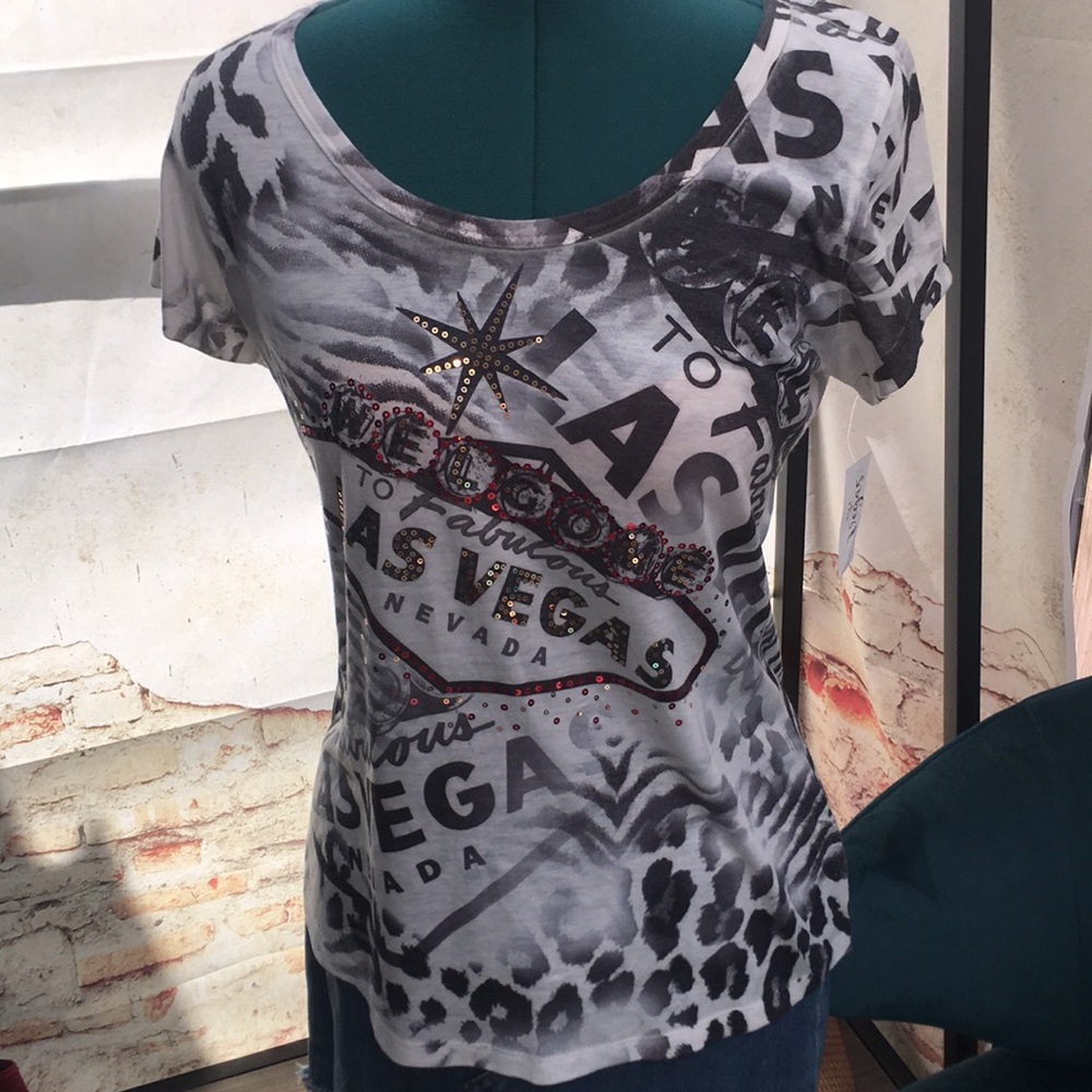New Women’s Boutique Embellished Sights of Las Vegas V-Neck Graphic Burnout Tee
